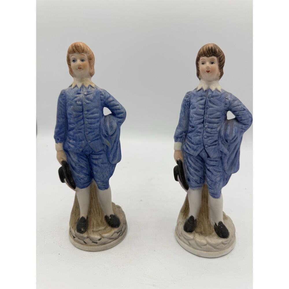 Set Of 2 Vintage Ceramic Boys In Blue Figurines